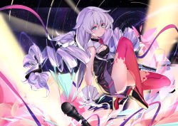 Rule 34 | 1girl, black dress, blue eyes, concert, dress, drill hair, full body, gloves, highres, honkai (series), honkai impact 3rd, kiana kaslana, kiana kaslana (valkyrie ranger), long hair, looking at viewer, microphone, pink thighhighs, smile, solo, thighhighs, ttnap, twin drills, white gloves, white hair