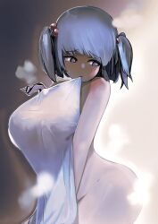 Rule 34 | 1girl, absurdres, ass, blue eyes, blue hair, breasts, commentary request, curvy, groin, hair bobbles, hair ornament, highres, kawashiro nitori, large breasts, looking to the side, me u cucumber, naked towel, short hair, solo, steam, textless version, touhou, towel, two side up