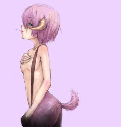 Rule 34 | 1girl, bad id, bad pixiv id, breasts, covering privates, covering breasts, horns, lowres, monster girl, oguchi, pink hair, sheep girl, sheepgirl, short hair, solo, suspenders, tail