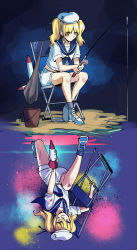 Rule 34 | absurdres, anchor symbol, bag, blonde hair, blue footwear, blue neckerchief, blue sailor collar, bucket, chair, closed mouth, commentary request, cross-laced footwear, dual persona, fishing, fishing rod, folding chair, gun, hat, highres, holding, holding gun, holding weapon, kitashirakawa chiyuri, midriff, mimi-chan, neckerchief, sailor collar, sailor hat, sailor shirt, shirt, shoes, sitting, squatting, time paradox, touhou, touhou (pc-98), twintails, water, weapon, white headwear, white shirt, yellow eyes, yorktown cv-5