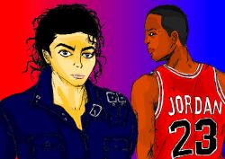 Rule 34 | 2boys, basketball uniform, black hair, chicago bulls, male focus, michael jackson, michael jordan, multiple boys, sportswear, uniform number