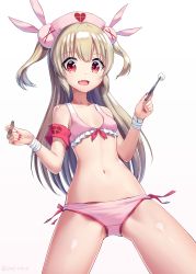 Rule 34 | absurdres, armband, bandaid, breasts, collarbone, crotch seam, fingernails, hat, highres, li xuejun, long hair, looking at viewer, natori sana, navel, nurse cap, open mouth, red eyes, sana channel, simple background, small breasts, solo, spread legs, swimsuit, virtual youtuber, white background