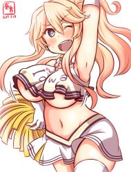 Rule 34 | 1girl, alternate costume, armpits, artist logo, blonde hair, blue eyes, breasts, cheering, cheerleader, clothes writing, cowboy shot, crop top, dated, elbow gloves, gloves, hair between eyes, holding, holding pom poms, iowa (kancolle), kanon (kurogane knights), kantai collection, large breasts, looking at viewer, midriff, miniskirt, navel, one-hour drawing challenge, open mouth, pleated skirt, pom pom (cheerleading), pom poms, ponytail, shirt, simple background, skirt, sleeveless, sleeveless shirt, smile, solo, standing, standing on one leg, star-shaped pupils, star (symbol), symbol-shaped pupils, thighhighs, white background, white gloves