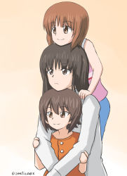 Rule 34 | 3girls, absurdres, black eyes, black hair, blue shorts, blunt bangs, brown eyes, brown hair, carrying, closed mouth, commentary, family, frown, girls und panzer, gradient background, highres, hug, hug from behind, long hair, long sleeves, looking to the side, mother and daughter, multiple girls, nishizumi maho, nishizumi miho, nishizumi shiho, omachi (slabco), one-hour drawing challenge, orange background, orange shirt, piggyback, pink shirt, shirt, short hair, shorts, siblings, sisters, smile, standing, tank top, twitter username, white shirt
