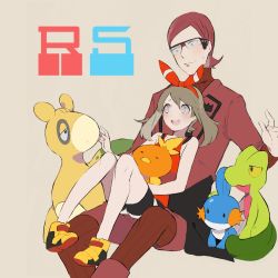 Rule 34 | 10s, 1girl, alternate color, armpits, backpack, bad id, bad pixiv id, bag, bandana, bare legs, bike shorts, blue eyes, blush, breasts, brown hair, copyright name, creatures (company), game freak, gen 3 pokemon, glasses, hair ribbon, highres, hip focus, maxie (pokemon), maxie (pokemon oras), may (pokemon), may (pokemon oras), mudkip, nintendo, numel, open mouth, outstretched arms, pokemon, pokemon (creature), pokemon oras, red hair, red shirt, ribbon, shiny skin, shirt, shorts, shouhan, sitting, sitting on lap, sitting on person, sketch, sleeveless, sleeveless shirt, small breasts, smile, spread arms, starter pokemon trio, team magma, torchic, treecko, two side up, white eyes