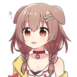 Rule 34 | 1girl, :3, :p, animal collar, animal ears, bare shoulders, bone, bone hair ornament, bone print, bow, bowtie, braid, breasts, brown eyes, brown hair, buttons, cleavage, collar, collarbone, dog ears, dog girl, dokumi, hair ornament, hairclip, hololive, inugami korone, inugami korone (1st costume), medium hair, paw print, paw print pattern, single bare shoulder, solo, tongue, tongue out, twin braids, upper body, virtual youtuber, white background