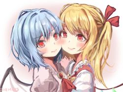 Rule 34 | 2girls, artist name, ascot, bad id, bad pixiv id, bat wings, blonde hair, blue hair, bow, bowtie, brooch, cheek-to-cheek, commentary request, crystal, dress, flandre scarlet, frilled shirt collar, frills, gradient background, hair ribbon, head tilt, heads together, highres, jewelry, multiple girls, no headwear, one side up, pink background, pink lips, puffy short sleeves, puffy sleeves, red eyes, red neckwear, red ribbon, red vest, remilia scarlet, ribbon, shiromoru (yozakura rety), short hair, short sleeves, siblings, sisters, touhou, twitter username, upper body, vest, white background, white dress, wings, yellow bow, yellow neckwear