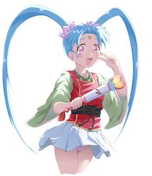 Rule 34 | 1990s (style), 1girl, absurdres, arm up, blue hair, eyebrows, facial mark, forehead, forehead mark, freckles, green shirt, heart, highres, long hair, magical girl, mahou shoujo pretty sammy, masaki sasami jurai, miniskirt, open mouth, panties, pink eyes, pink panties, pleated skirt, pretty sammy (character), red shirt, retro artstyle, shirt, simple background, skirt, smile, solo, tenchi muyou!, thighs, twintails, twintails (mantids), underwear, v, very long hair, wand, white background, white skirt, wind, wind lift