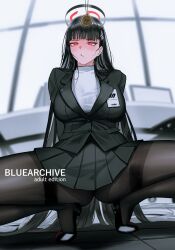 Rule 34 | 1girl, absurdres, ass, bang5410, black footwear, black hair, black pantyhose, blazer, blue archive, blunt bangs, blush, breasts, coin, coin on string, drooling, english text, halo, high heels, highres, hime cut, hypnosis, jacket, long hair, mind control, pantyhose, pleated skirt, red eyes, rio (blue archive), skirt, solo, spread legs, squatting, sweat, sweater, thighband pantyhose, tiptoes, turtleneck, turtleneck sweater