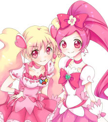 Rule 34 | 00s, 10s, 2girls, bad id, bad pixiv id, blonde hair, bow, brooch, choker, color connection, cure blossom, cure peach, dress, earrings, eyelashes, flower, fresh precure!, hair flower, hair ornament, hairpin, hanasaki tsubomi, hand on own hip, heart, heart brooch, heart hair ornament, heartcatch precure!, hip focus, jewelry, long hair, magical girl, momozono love, multiple girls, pink eyes, pink hair, pink theme, ponytail, precure, ribbon, simple background, smile, twintails, uzuki aki, wrist cuffs