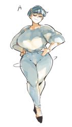 Rule 34 | 1girl, baggy clothes, black footwear, blue hair, breasts, commentary, curvy, denim, english commentary, closed eyes, full body, hairband, hands on own hips, highres, huge breasts, jeans, original, pants, pointy footwear, shoes, short hair, sketch, sleeves pushed up, smile, solo, sweater, very short hair, walking, white background, zako (arvinry)