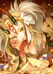 Rule 34 | 1girl, :o, barefoot, beads, blonde hair, breasts, downblouse, facial mark, fang, fate/grand order, fate (series), floral print, highres, horns, ibaraki douji (fate), japanese clothes, kimono, long hair, looking at viewer, lying, medium breasts, mirei, nipple slip, nipples, off shoulder, on stomach, oni horns, prayer beads, rope, solo, tattoo, wide sleeves, yellow eyes, yellow kimono