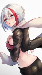 Rule 34 | 1girl, admiral graf spee (azur lane), ass, azur lane, black jacket, black pants, blush, breasts, dutch angle, from behind, gradient background, green eyes, grey background, hair between eyes, hand up, highres, jacket, long sleeves, looking at viewer, looking back, medium breasts, multicolored hair, open clothes, open jacket, osisio, pants, parted lips, red hair, scarf, signature, silver hair, solo, streaked hair, white scarf