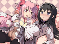 2girls :&lt; akemi_homura assertive_female black_hair black_hairband blush bow bow_choker bubble_skirt buttons center_frills checkered_background chest_jewel choker closed_mouth dress frilled_dress frilled_skirt frilled_sleeves frills futa_with_female futanari gloved_handjob gloves hair_between_eyes hair_bow hair_flip hairband hand_up handjob happy kaname_madoka light_blush long_hair long_sleeves looking_at_another magical_girl mahou_shoujo_madoka_magica mahou_shoujo_madoka_magica_(anime) medium_hair miniskirt multiple_girls on_bed pantyhose pink_dress pink_gemstone pink_hair puffy_short_sleeves puffy_sleeves purple_bow purple_eyes purple_skirt red_bow red_choker red_eyes shirt short_dress short_sleeves short_twintails skirt smile tokiatm trembling twintails white_gloves white_skirt white_sleeves