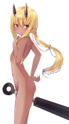 Rule 34 | 1girl, arched back, between thighs, blonde hair, blush, brown horns, club, club (weapon), commentary request, dark-skinned female, dark skin, eyes visible through hair, flat chest, from side, hand up, highres, hip bones, horns, kanabou, leg hold, long hair, looking at viewer, looking to the side, navel, nude, original, red eyes, shoulder blades, solo, standing, tota (sizukurubiks), very long hair, weapon