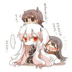Rule 34 | ..., 10s, 3girls, abyssal ship, aircraft carrier oni, akagi (kancolle), bad id, bad twitter id, black eyes, blush, brown hair, chibi, clenched teeth, closed eyes, kaga (kancolle), kantai collection, kneeling, long hair, lowres, multiple girls, on head, one side up, open mouth, person on head, rebecca (keinelove), red eyes, short hair, side ponytail, smile, sweat, teeth, translation request, very long hair, white hair