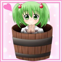 Rule 34 | 1girl, b.leaf, blush, bucket, female focus, green eyes, green hair, hair bobbles, hair ornament, heart, in bucket, in container, kisume, matching hair/eyes, short hair, smile, solo, touhou, twintails, wide sleeves
