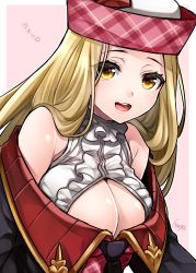 Rule 34 | 10s, 1girl, :d, absurdres, artist name, bare shoulders, black necktie, blonde hair, border, breasts, character request, cleavage, diola (granblue fantasy), eyelashes, eyes visible through hair, frilled shirt, frilled shirt collar, frills, gold trim, granblue fantasy, hair over shoulder, hat, highres, large breasts, leaning forward, lips, long hair, long sleeves, looking at viewer, necktie, open mouth, outside border, pink background, plaid, plaid headwear, raised eyebrows, shirt, smile, solo, takatsuki ichi, teeth, text focus, white border, white shirt, wing collar, yellow eyes