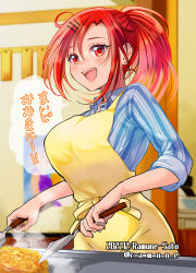 Rule 34 | 1girl, absurdres, aged up, ahoge, apron, breasts, collared shirt, commentary request, cooking, hair ornament, hairclip, highres, hino akane (smile precure!), large breasts, long hair, open mouth, ponytail, precure, ramune02, red eyes, red hair, shirt, sleeves rolled up, smile, smile precure!, solo