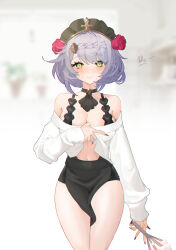 Rule 34 | 1girl, absurdres, alternate costume, ascot, bare legs, black ascot, black bra, black skirt, blurry, blurry background, blush, boller jiang, bra, braid, braided bangs, breasts, brooch, cleavage, clothes lift, dot nose, fingernails, floating hair, flower, genshin impact, green eyes, grey hair, hair between eyes, hair flower, hair ornament, highres, holding, jewelry, long sleeves, looking at viewer, maid headdress, navel, noelle (genshin impact), off-shoulder shirt, off shoulder, pelvic curtain, pink flower, pink lips, pink rose, plant, potted plant, puffy long sleeves, puffy sleeves, raised eyebrows, red nails, rose, sharp fingernails, shirt, shirt lift, short hair, sidelocks, signature, skirt, smile, sweat, swept bangs, thick thighs, thighs, tsurime, underwear, whisk, white shirt, window