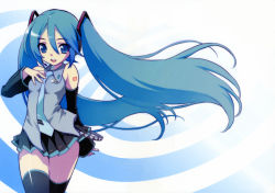 Rule 34 | 1girl, arm behind back, black thighhighs, blue background, blue hair, fingernails, hair between eyes, hand on another&#039;s chest, hand on own chest, hatsune miku, highres, long fingernails, long hair, menkuria, solo, thighhighs, twintails, very long hair, vocaloid, wind, zettai ryouiki