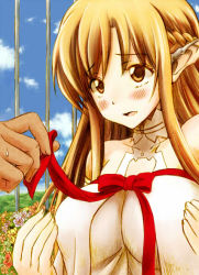 Rule 34 | 10s, 1girl, asuna (sao), blush, bow, breasts, brown eyes, brown hair, flower, large breasts, long hair, naruse, pointy ears, ribbon, sword art online, titania (sao)