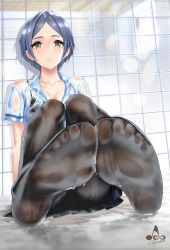 Rule 34 | 1girl, black bra, black pantyhose, blue hair, blue shirt, blush, bra, breasts, cleavage, closed mouth, collarbone, collared shirt, commentary request, feet, fine fabric emphasis, foot focus, green eyes, hayami kanade, highres, idolmaster, idolmaster cinderella girls, infinote, looking at viewer, medium breasts, pantyhose, parted bangs, plaid, plaid skirt, shirt, short hair, short sleeves, sidelocks, signature, sitting, skirt, soles, solo, toes, toes up, underwear, wet, wet clothes