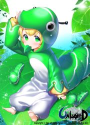 Rule 34 | 1girl, aile (crossroads), animal costume, barefoot, blonde hair, blush, caterpillar, character request, green eyes, green theme, leaf, long sleeves, mouth hold, short hair, sitting, solo, unleashed
