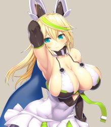 Rule 34 | 1girl, alternate hairstyle, aqua eyes, armpits, arms up, asamura hiori, bare shoulders, blonde hair, breasts, cape, cleavage, elbow gloves, female focus, frown, gene (pso2), genu00e9 (pso2), gloves, green hair, hair between eyes, hair down, headgear, highres, huge breasts, large breasts, long hair, multicolored hair, phantasy star, phantasy star online 2, sideboob, solo, thick thighs, thighs, toned