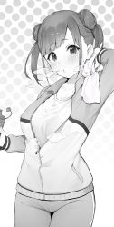Rule 34 | 1girl, absurdres, blush, bottle, breasts, breath, copyright request, cowboy shot, double bun, greyscale, hair bun, hand up, highres, holding, holding bottle, jacket, kotoribako, large breasts, long sleeves, looking at viewer, monochrome, pants, shirt, solo, standing, sweat, towel, towel around neck, track suit, twintails
