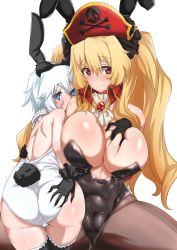 Rule 34 | 2girls, animal ears, anne bonny (fate), ass, ass grab, ayuayu (chisuke ayu), ayuayu (shouyu no sato), blonde hair, blue eyes, grabbing another&#039;s breast, breasts, cameltoe, cleavage, covered navel, deep skin, detached collar, elbow gloves, fake animal ears, fate/grand order, fate (series), gloves, grabbing, hair ribbon, hairband, hat, highres, huge ass, large breasts, leotard, long hair, lying, mary read (fate), multiple girls, pantyhose, pirate hat, playboy bunny, rabbit ears, red eyes, ribbon, scar, short sleeves, silver hair, skull and crossbones, small breasts, smile, thighhighs, twintails, white background