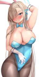 Rule 34 | 1girl, absurdres, animal ears, areola slip, arm up, asuna (blue archive), asuna (bunny) (blue archive), black pantyhose, blue archive, blue eyes, blush, bow, bowtie, breasts, cameltoe, cleavage, commentary, covered navel, detached collar, fake animal ears, grin, hair over one eye, halo, highres, large breasts, leotard, light brown hair, lomocya, long bangs, long hair, looking at viewer, mole, mole on breast, pantyhose, playboy bunny, rabbit ears, sidelocks, simple background, smile, solo, traditional bowtie, very long hair, white background