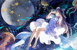 Rule 34 | 1girl, achyue, bare arms, barefoot, black hair, blue eyes, bow, dress, fish, flying, full body, full moon, hair bow, hands on own face, jellyfish, jewelry, light smile, lips, long hair, looking at viewer, lying, moon, necklace, on back, original, parted lips, purple bow, sky, sleeveless, sleeveless dress, solo, star (sky), star (symbol), starry sky, toenails, very long hair, water drop, white dress