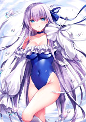 Rule 34 | 1girl, :q, alternate breast size, bare shoulders, blue choker, blue eyes, blue one-piece swimsuit, blue ribbon, blush, breasts, choker, cleavage, closed mouth, collarbone, covered navel, fate/grand order, fate (series), feet out of frame, frilled one-piece swimsuit, frilled sleeves, frills, fukase ayaka, hair ribbon, hand up, highleg, highleg swimsuit, long hair, long sleeves, looking at viewer, medium breasts, meltryllis, meltryllis (fate), meltryllis (swimsuit lancer) (fate), meltryllis (swimsuit lancer) (second ascension) (fate), off-shoulder one-piece swimsuit, off shoulder, one-piece swimsuit, purple hair, ribbon, sleeves past fingers, sleeves past wrists, smile, solo, standing, straight hair, swimsuit, thighs, tongue, tongue out, very long hair, water drop
