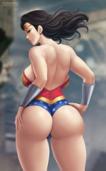 Rule 34 | 1girl, ass, back, black hair, breasts, curvy, dc comics, flowerxl, hands on own hips, huge ass, justice league, large breasts, leotard, long hair, looking at viewer, solo, thighs, watermark, web address, wonder woman