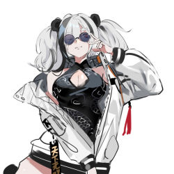 Rule 34 | 1girl, animal ears, arknights, breasts, china dress, chinese clothes, dress, feater (arknights), hair between eyes, jacket, large breasts, looking at viewer, panda ears, panda girl, ran (bukeranwu), red eyes, short hair, silver hair, simple background, smile, solo, sunglasses, tinted eyewear, twintails, upper body, white background