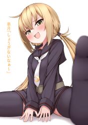 Rule 34 | 1girl, absurdres, black sailor collar, black serafuku, black skirt, black thighhighs, blonde hair, blush, commentary request, crescent, crescent pin, fingernails, hair between eyes, highres, kantai collection, long hair, long sleeves, low twintails, necktie, open mouth, sailor collar, satsuki (kancolle), school uniform, serafuku, simple background, skirt, smile, solo, thighhighs, tiemu (man190), twintails, white background, white necktie, yellow eyes