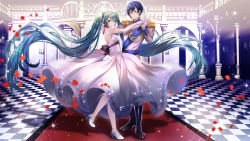 Rule 34 | 1boy, 1girl, abandon ranka, absurdly long hair, bare shoulders, black choker, black footwear, blue footwear, blue hair, boots, cendrillon (vocaloid), checkered floor, choker, closed mouth, commentary request, dress, elbow gloves, epaulettes, flower, gloves, green eyes, green hair, grey pants, hair between eyes, hand grab, hatsune miku, high heels, highres, indoors, jacket, kaito (vocaloid), knee boots, long hair, long sleeves, pants, petals, pillar, pleated dress, purple eyes, red flower, red rose, rose, shoes, smile, standing, standing on one leg, twintails, very long hair, vocaloid, white dress, white gloves, white jacket