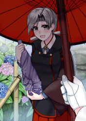 Rule 34 | 10s, 1girl, bamboo, bibitto, blue coat, bottle, chitose (kancolle), coat, flower, grey eyes, headband, hydrangea, kantai collection, leaf, oil-paper umbrella, outdoors, rain, religious offering, sake bottle, silver hair, smile, solo, solo focus, umbrella, wrapping