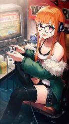 Rule 34 | 1girl, :d, ahoge, bare shoulders, belt, black belt, black camisole, black shorts, black thighhighs, blunt bangs, breasts, camisole, chair, collarbone, controller, crt, desk, drink, fur-trimmed jacket, fur trim, game console, game controller, glasses, green jacket, gyzett, headphones, highres, holding, holding controller, jacket, long hair, looking at viewer, off-shoulder shirt, off shoulder, open mouth, orange hair, persona, persona 5, playing games, poster (object), purple eyes, sakura futaba, shirt, short shorts, shorts, sidelocks, sitting, small breasts, smile, snack, solo, television, thighhighs, thighs, video game, white shirt, wire