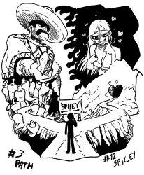 Rule 34 | 1boy, 1girl, 1other, angelo&#039;s world, arm hair, breasts, cave, chili pepper, cleavage, commentary, english commentary, fire, food, greyscale, hair between eyes, hat, heart, highres, holding, holding food, inktober, long hair, medium breasts, mexican clothes, monochrome, mountain, naughty face, original, poncho, shaded face, sign, sombrero, taco, tongue, tongue out