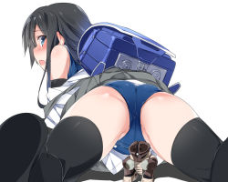 Rule 34 | 10s, 1girl, acguy, arm warmers, asashio (kancolle), ass, backpack, bag, black hair, black thighhighs, blue eyes, blush, commentary request, from behind, gundam, kantai collection, long hair, looking at viewer, looking back, lying, mecha, mobile suit gundam, mtu (orewamuzituda), on stomach, one-piece swimsuit, open mouth, pleated skirt, randoseru, robot, school swimsuit, school uniform, skirt, solo, spread legs, swimsuit, swimsuit under clothes, thighhighs