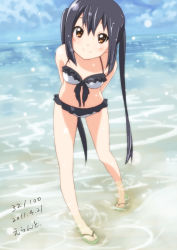 Rule 34 | 1girl, 2011, arms behind back, bikini, black hair, brown eyes, dated, day, errant, frilled bikini, frills, front-tie top, k-on!, leaning forward, long hair, nakano azusa, ocean, sandals, smile, soaking feet, solo, swimsuit, twintails, wading, water