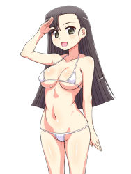 Rule 34 | 1girl, :d, asymmetrical bangs, bikini, blunt ends, breasts, brown eyes, brown hair, cleavage, commentary request, girls und panzer, groin, large breasts, light blush, long hair, looking at viewer, micro bikini, navel, nishi kinuyo, open mouth, partial commentary, salute, simple background, skindentation, smile, solo, standing, straight hair, string bikini, swimsuit, white background, white bikini, yuuki akira