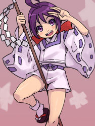Rule 34 | 1girl, bakumatsu rouman, between legs, blush, bow, clothes pull, eyelashes, facing viewer, fang, female focus, gohei, holding, ichijou akari, japanese clothes, kimono, large bow, long sleeves, looking at viewer, open mouth, pink background, platform footwear, purple eyes, purple hair, red bow, ribbon-trimmed sleeves, ribbon trim, shoes, shorts, shorts pull, simple background, snk, socks, solo focus, staff, standing, stupa13a, tabi, teeth, tongue, white shorts