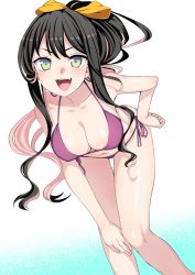 Rule 34 | 1girl, alternate costume, alternate hairstyle, aqua background, bikini, black hair, blue background, breasts, cleavage, fang, feet out of frame, gradient background, grey eyes, hair ribbon, halterneck, hand on own hip, kantai collection, kumadano, large breasts, leaning forward, legs together, long hair, multicolored hair, naganami (kancolle), open mouth, pink hair, ponytail, purple bikini, ribbon, side-tie bikini bottom, solo, standing, string bikini, swimsuit, teeth, two-tone hair, upper teeth only, v-shaped eyebrows, wavy hair, white background, yellow ribbon