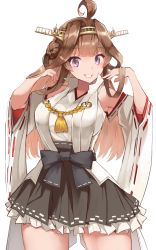 Rule 34 | 1girl, ahoge, aiguillette, bare shoulders, blush, bow, breasts, brown hair, cowboy shot, detached sleeves, double bun, hair bun, hairband, hands in hair, highres, japanese clothes, kantai collection, kongou (kancolle), kongou kai ni (kancolle), large breasts, long hair, looking at viewer, nontraditional miko, purple eyes, revision, sakuramon, sidelocks, simple background, skirt, smile, solo, white background, yuzuruka (bougainvillea)