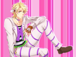 Rule 34 | 1boy, blonde hair, bow, bowtie, caesar anthonio zeppeli, facial mark, feather hair ornament, feathers, fingerless gloves, gloves, green eyes, hair ornament, highres, jojo no kimyou na bouken, male focus, mugenboshi, pants, solo, striped clothes, striped pants