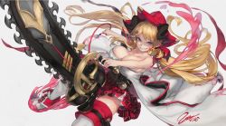 Rule 34 | 1girl, belt, blonde hair, blue eyes, breasts, chainsaw, dated, draph, etna (brs-etna), granblue fantasy, grin, hallessena, hat, highres, holding, holding chainsaw, horns, large breasts, plaid, plaid skirt, pointy ears, signature, skirt, smile, thighhighs, twintails