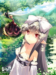 Rule 34 | 00s, 2girls, bare shoulders, black hair, blonde hair, bow, breasts, cleavage, cloud, day, dress, dungeon and fighter, hair bow, leaf, long hair, mage (dungeon and fighter), medium breasts, mountain, multiple girls, pointy ears, red eyes, sheltea, signature, silver hair, slit pupils, tree